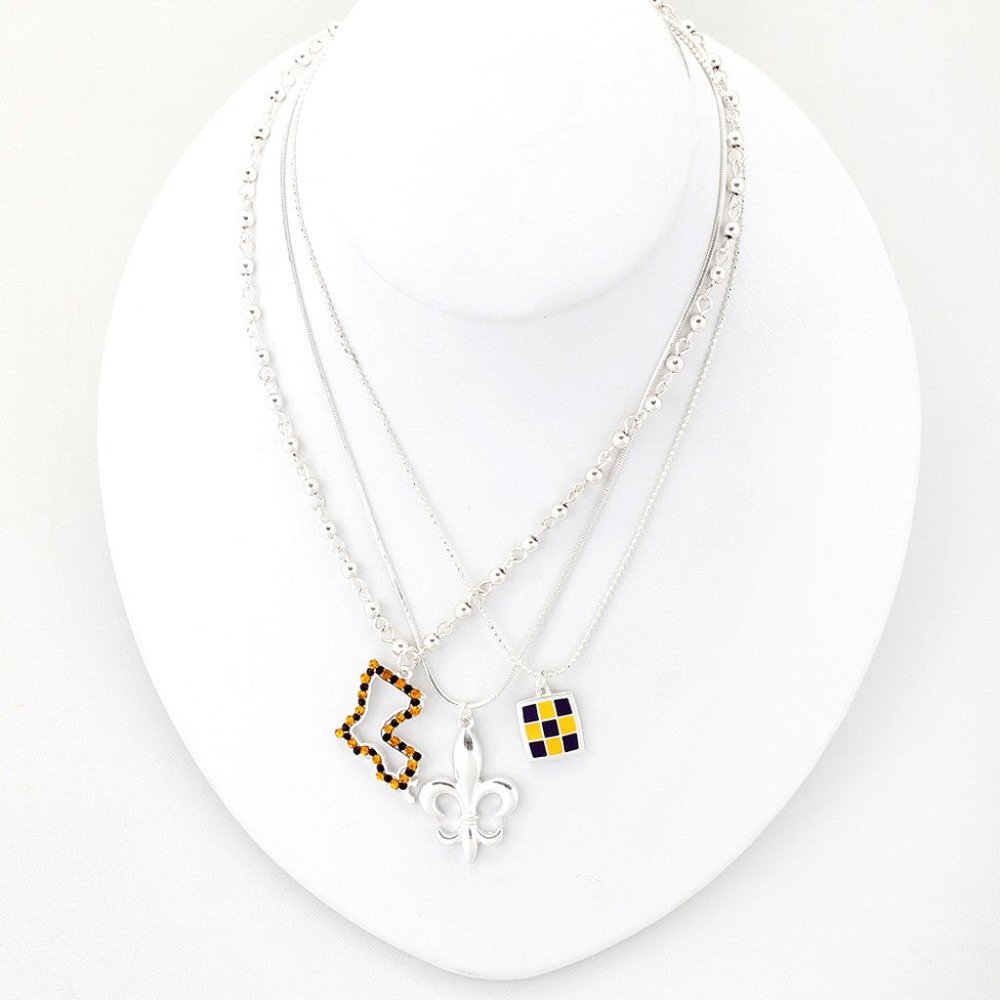 LSU Fleur De Lis Trio Traditions Purple & Gold Charm Necklace